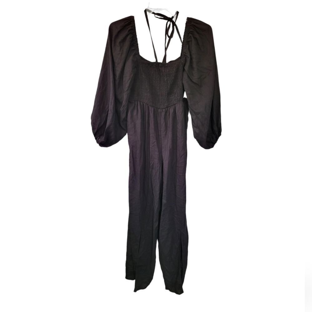 Eloquii Black Puff Sleeve Linen Blend Smocked Jumpsuit Size 16